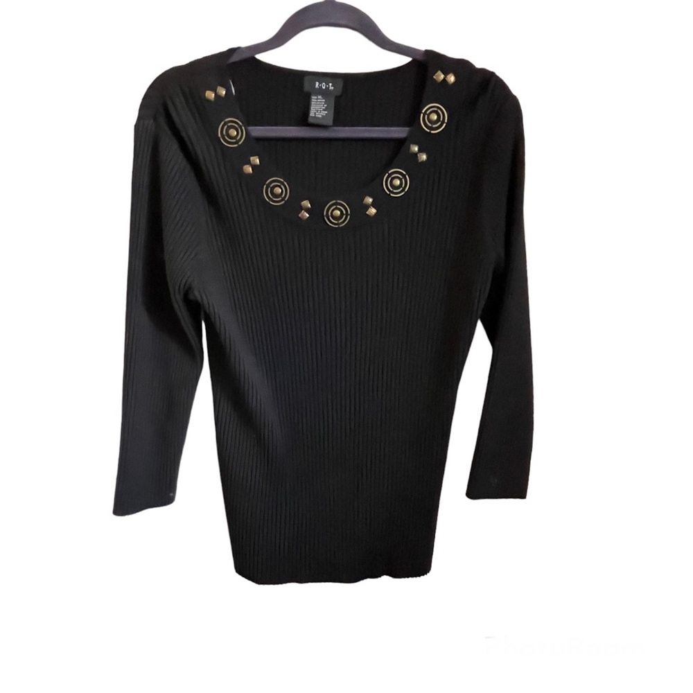 RQT  Black Knit Sweater with Antique Gold Metal Embellishments - XL